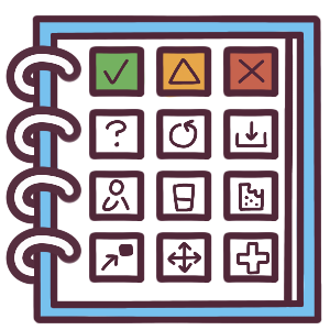 low tech AAC pages in a blue folder. There are different common symbols on the front page, including green/yellow/red squares that could stand for yes/maybe/no, or go/slow/stop.